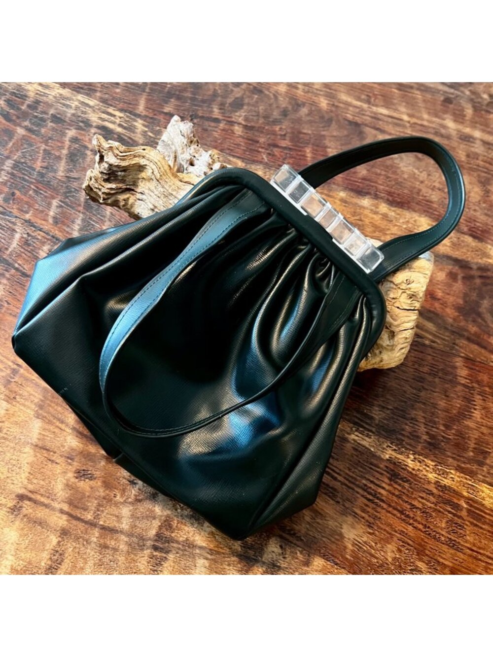 Vintage Dark Green Vinyl Handbag With Clear Lucite Clasp